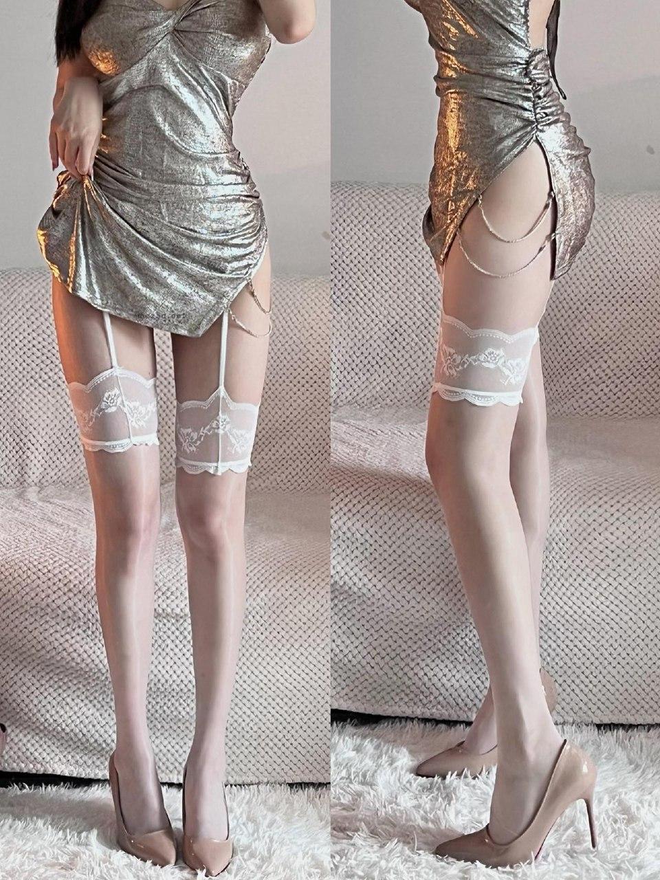 玫桃泡芙 – 银色深V吊带【55P】